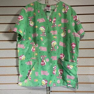 Looney Tunes Tweety Bird Christmas Scrub Top Women's Large Nurse Holiday